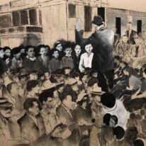 אילולא השואה היו עוברות עוד עשרות שנים עד שעיקרו של עם ישראל היה עולה. טלי נבון, "הרגע שלא צולם", שמן וגרפית על נייר, 2019. מתוך התערוכה "אנתלוגיה - עונג שבת" המוצגת בבית ביאליק