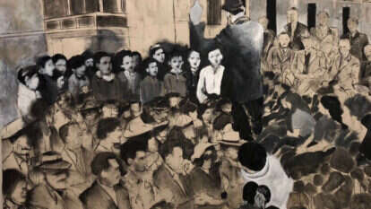 אילולא השואה היו עוברות עוד עשרות שנים עד שעיקרו של עם ישראל היה עולה. טלי נבון, "הרגע שלא צולם", שמן וגרפית על נייר, 2019. מתוך התערוכה "אנתלוגיה - עונג שבת" המוצגת בבית ביאליק