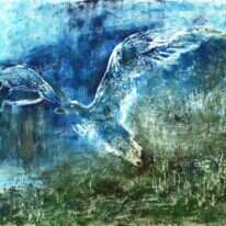 התובנות ההיסטוריות מוגשות מתוך הסתכלות-על רחבה ביותר ממעוף הציפור. ליאורה שחם, ללא שם, שמן על בד, 2019