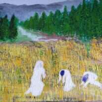 הכול צריכים לבעל החיטים הטעון בשקים של ספרות חז"ל והפרשנות הקלאסית למקרא חזי סנדר, "קציר חיטים", צבעי אקריליק, 2019