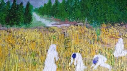 הכול צריכים לבעל החיטים הטעון בשקים של ספרות חז"ל והפרשנות הקלאסית למקרא חזי סנדר, "קציר חיטים", צבעי אקריליק, 2019