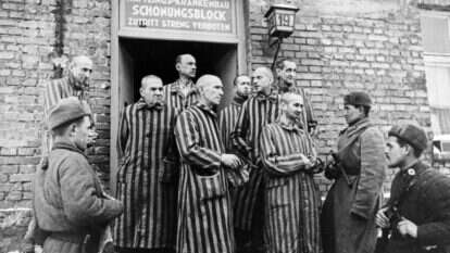 חיילי הצבא האדום עם אסירי אושוויץ, 1945. | גטי אימג'ס