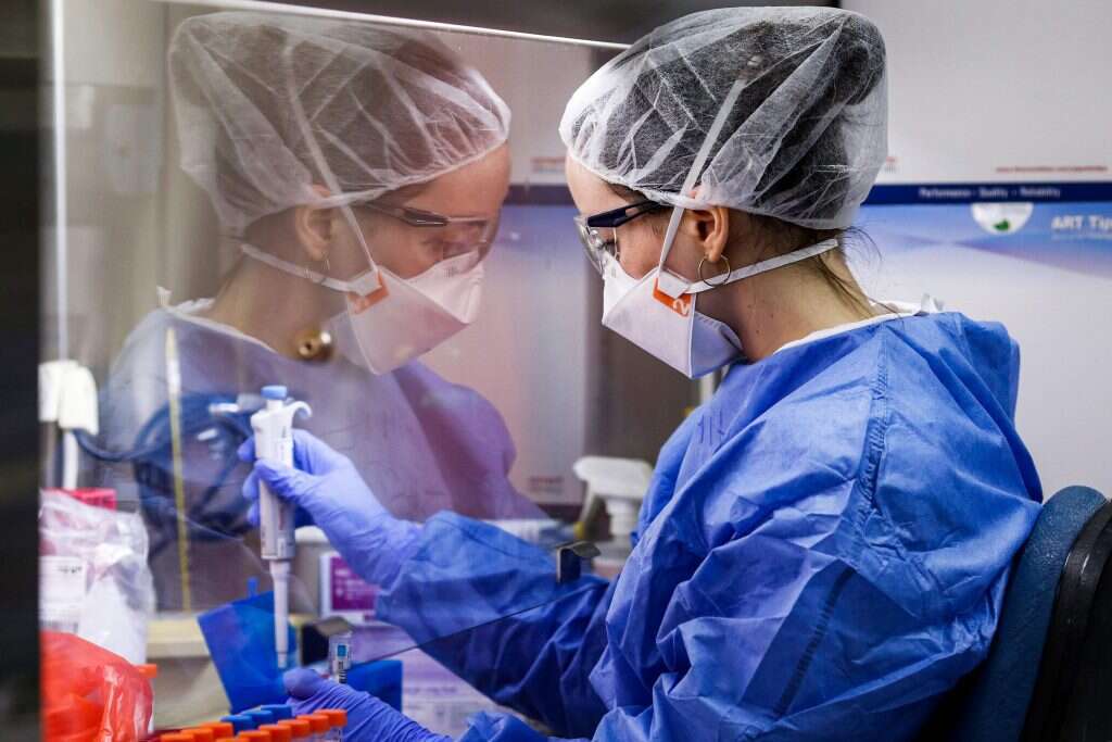 אבחון בדיקת קורונה במעבדת מכבי ברחובות. | AFP אבחון בדיקת קורונה במעבדת מכבי ברחובות. | AFP