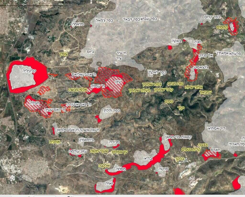 מרכז השומרון. תוכניות המתאר הפלסטיניות להתרחבות (מסומנות באדום על המפה) בסמוך ליישובים יהודיים, בגוש עציון ובדרום הר חברון. מקור: GIS הישראלי והפלסטיני. הנתונים נאספו בסיוע חברת לנדיוז