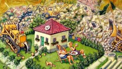 בין מאבק הירושה המשפחתי לירושה הקיבוצית. יונתן טל, "העיקר יש מה להוריש", שמן על בד, 201 בין מאבק הירושה המשפחתי לירושה הקיבוצית. יונתן טל, "העיקר יש מה להוריש", שמן על בד, 201