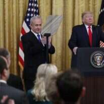 טראמפ ונתניהו בהשקת עסקת המאה. | AP