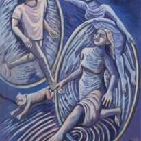 הדמויות בסיפורים יוצאות זקופות ממצבים כעורים, בוטחות בעצמן ומסתכלות קדימה. מרלן איסמלון, "מומנטום", אקריליק על קנבס, 2020