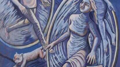 הדמויות בסיפורים יוצאות זקופות ממצבים כעורים, בוטחות בעצמן ומסתכלות קדימה. מרלן איסמלון, "מומנטום", אקריליק על קנבס, 2020