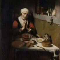 "ונפש כי תקריב" - העני כאילו מקריב את נפשו. "אישה זקנה מברכת", ניקולאס מס, 1656. | שאטרסטוק