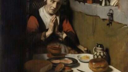 "ונפש כי תקריב" - העני כאילו מקריב את נפשו. "אישה זקנה מברכת", ניקולאס מס, 1656. | שאטרסטוק