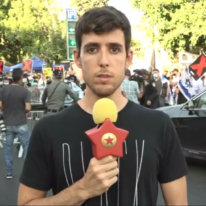 אסף גולן בדיווח מההפגה, אתמול. | מסך אסף גולן בדיווח מההפגה, אתמול. | מסך