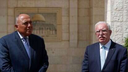 ריאד אל-מאלכי (מימין) יחד עם שר החוץ המצרי סמאח שוכרי בביקורו ברמאללה. | AFP