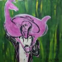 "הוא צריך להתלבש ולכסות עצמו ולהשפיל עצמו לדברים קטנים ונמוכים עדי שיכול העולם לקבל ממנו". משה ריפנר, "הצייד", אקריליק על בד, 2018 , אוצרת: נעה לאה כהן, גלריית המקלט