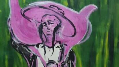 "הוא צריך להתלבש ולכסות עצמו ולהשפיל עצמו לדברים קטנים ונמוכים עדי שיכול העולם לקבל ממנו". משה ריפנר, "הצייד", אקריליק על בד, 2018 , אוצרת: נעה לאה כהן, גלריית המקלט