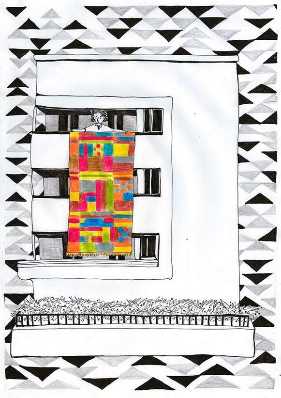 "בברירה בין להיות דתי במודל בני עקיבא ובין להיות חילוני במודל תל אביב, ישנה אפשרות נוספת". איור: שיר מורן, "בחזרה לעתיד אנני אלברס", בית ליבלינג - מרכז העיר הלבנה "בברירה בין להיות דתי במודל בני עקיבא ובין להיות חילוני במודל תל אביב, ישנה אפשרות נוספת". איור: שיר מורן, "בחזרה לעתיד אנני אלברס", בית ליבלינג - מרכז העיר הלבנה