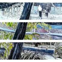 מסגרות התפילה התפוררו. רחל אהרון, "מתפללים בזמן קורונה", טושים אקריליים, 2020