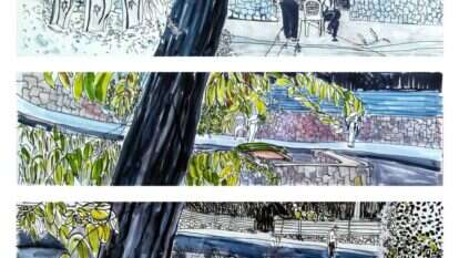 מסגרות התפילה התפוררו. רחל אהרון, "מתפללים בזמן קורונה", טושים אקריליים, 2020