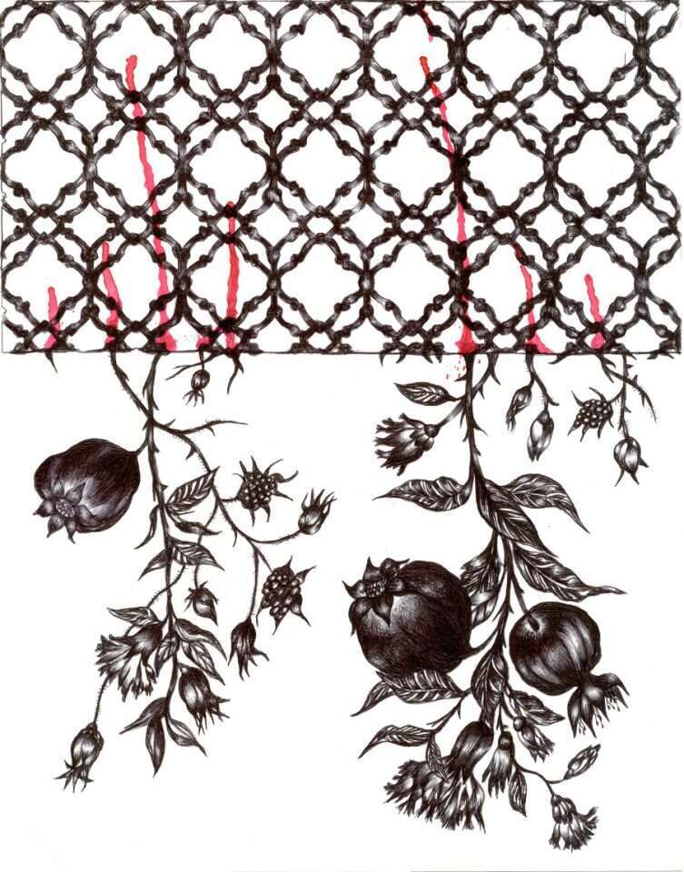 אסתר כהן, פטל רימון ולשון של זהורית, 2020 . מתוך התערוכה "בחינת שחרות"המוצגת בגלריה שכטר, תל אביב