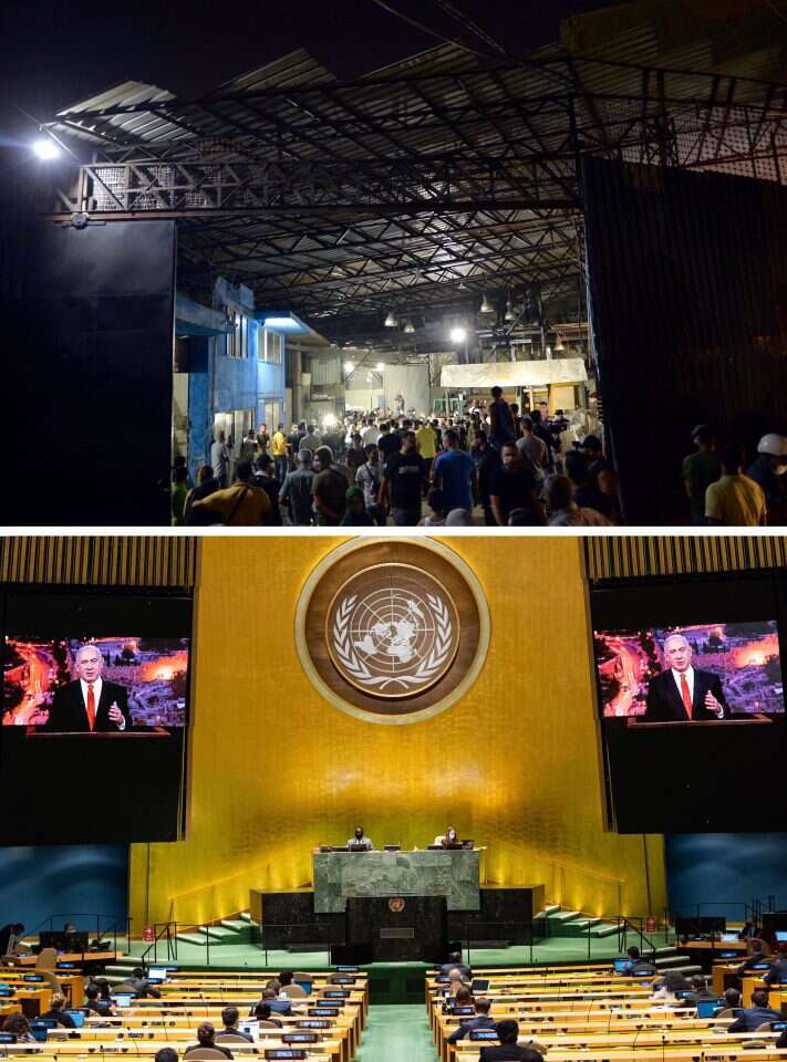 מאגר הנשק שנחשף בלבנון. למטה: נאומו של נתניהו משודר בעצרת האו"ם. צילומים: EPA