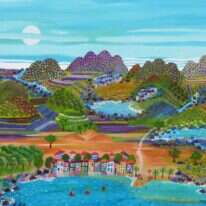 חמישה סיפורים אנושיים שונים זורמים בנתיבם עד שייפגשו באותה נקודה. גליה רון, "כפר נופש ליד המים", אקריליק על בד, 2013. באדיבות גלריה ג'ינא