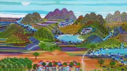 חמישה סיפורים אנושיים שונים זורמים בנתיבם עד שייפגשו באותה נקודה. גליה רון, "כפר נופש ליד המים", אקריליק על בד, 2013. באדיבות גלריה ג'ינא