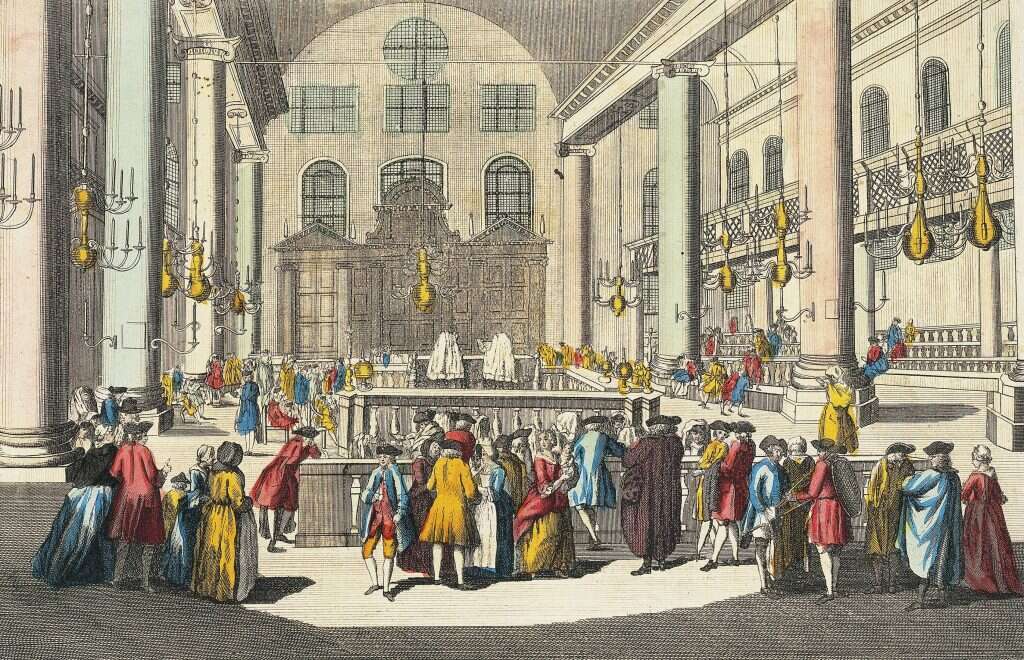 פורים בבית הכנסת באמסטרדם. הדפס מהמאה ה־ 18. | גטי אימג'ס