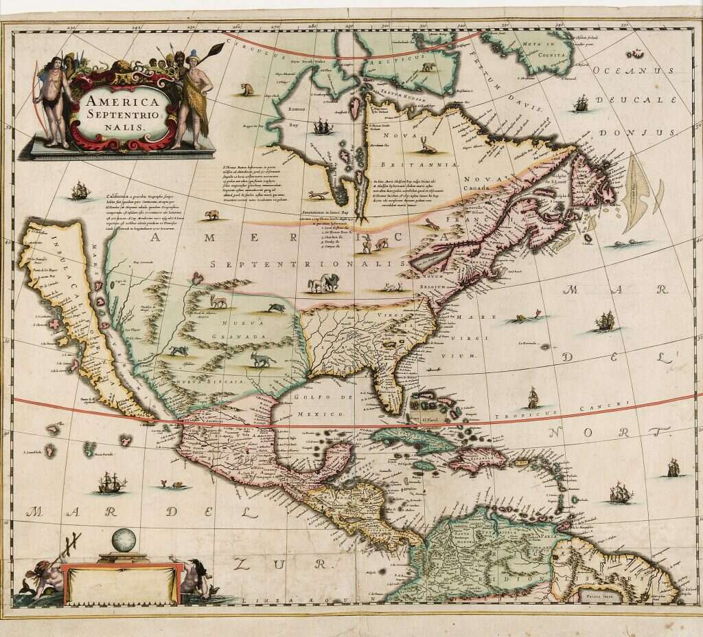 ההתנחלות האירופית התרחבה משנה לשנה. מפת צפון אמריקה מהמאה ה־ 17. | שאטרסטוק