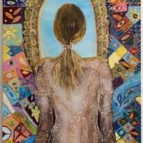 היא פותחת את הדלת ועוברת דרכה ובעברה האחר נגלה בפניה ים כסף אינסופי. שרון הולצר, "ג׳יין דו", שמן על קנבס, 2019