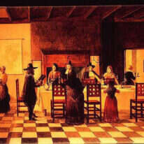 שמירת השבת בבית יהודי, הולנד, המאה ה־ 17 , ציור בצבעי אקריליק על שכבות זכוכית, מאת סימון דריי, אנגליה, 1978 (סטודיו גארדנר). באדיבות המרכז לתיעוד חזותי ע"ש אוסטר, מוזיאון העם היהודי