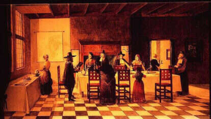 שמירת השבת בבית יהודי, הולנד, המאה ה־ 17 , ציור בצבעי אקריליק על שכבות זכוכית, מאת סימון דריי, אנגליה, 1978 (סטודיו גארדנר). באדיבות המרכז לתיעוד חזותי ע"ש אוסטר, מוזיאון העם היהודי