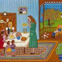 נירה לב, "סבתא מדליקה נרות שבת בקיבוץ", אקריליק עד בד, 2015