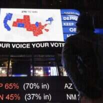 אמריקנים צופים בתוצאות הבחירות השבוע בכיכר טיימס בניו־יורק. | EPA