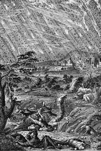 השתלשלות המכות כדרך כיבושה של עיר. איור של מכת ברד | שאטרסטוק