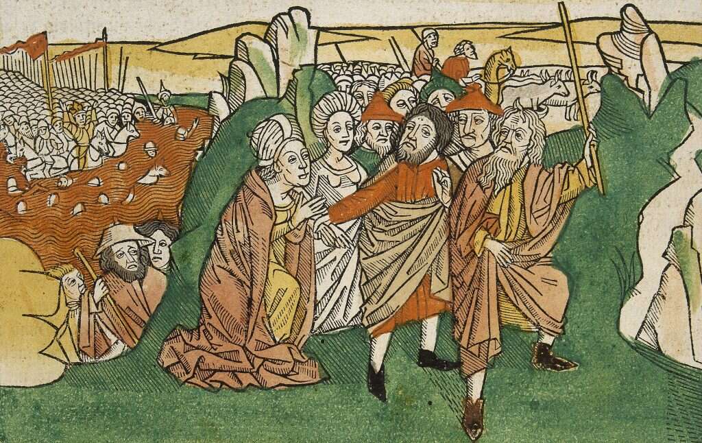 ציור של חציית בני ישראל את הים ומשה בראש, 1483. | גטי אימג'ס