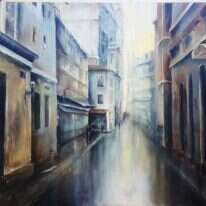 שילוב של אווירה פריזאית עלובה עם רגעי פלא פילוסופיים המסתיים באווירה של יופי נדיר. נילי קסלר, "פריס בגשם", שמן על בד, 2015