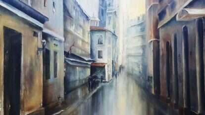 שילוב של אווירה פריזאית עלובה עם רגעי פלא פילוסופיים המסתיים באווירה של יופי נדיר. נילי קסלר, "פריס בגשם", שמן על בד, 2015