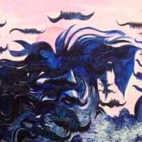 הדיכאון קולע אותך לדרך ללא מוצא. רקפת וינר עומר, פרט מהציור אוטובוסים בים, שמן וטכניקה מעורבת על בד, 2018 . הוצג בגלריה טדי