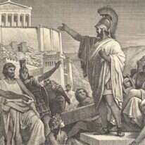 המדינאי והמצביא האתונאי פריקלס נואם בפני לוחמים יוונים במלחמה הפלופונסית, שפרצה בשנת 431 לפנה"ס. איור: שאטרסטוק