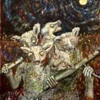 שידוך מקורי בין אימה לטבע. גדעון סער, "חוזרים לאזרחות ממלחמת יום כיפור, אנחנו מרגישים כמו חיות מוזרות", שמן על קנבס, 2009