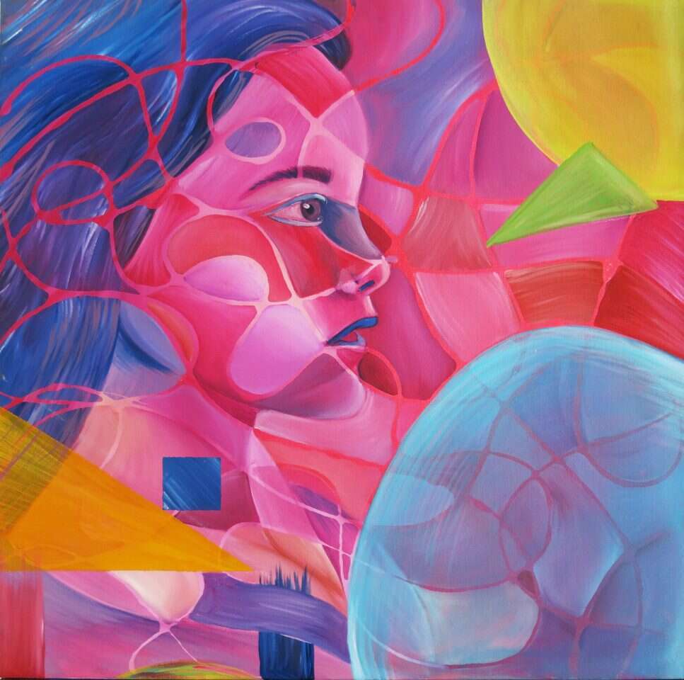 שיח פנימי של אישה עם הקב"ה והיתמות. נטע ויצטום, "בועה וורודה", שמן על בד, 2019