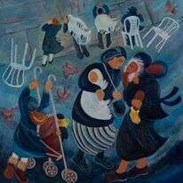 משעה שבאה לצאת מפתח החנות סערת גשם משתוללת בחוץ. חנה הלן רוזנברג, "נשים בכותל", שמן על בד, 2019