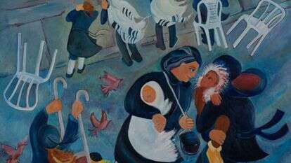 משעה שבאה לצאת מפתח החנות סערת גשם משתוללת בחוץ. חנה הלן רוזנברג, "נשים בכותל", שמן על בד, 2019