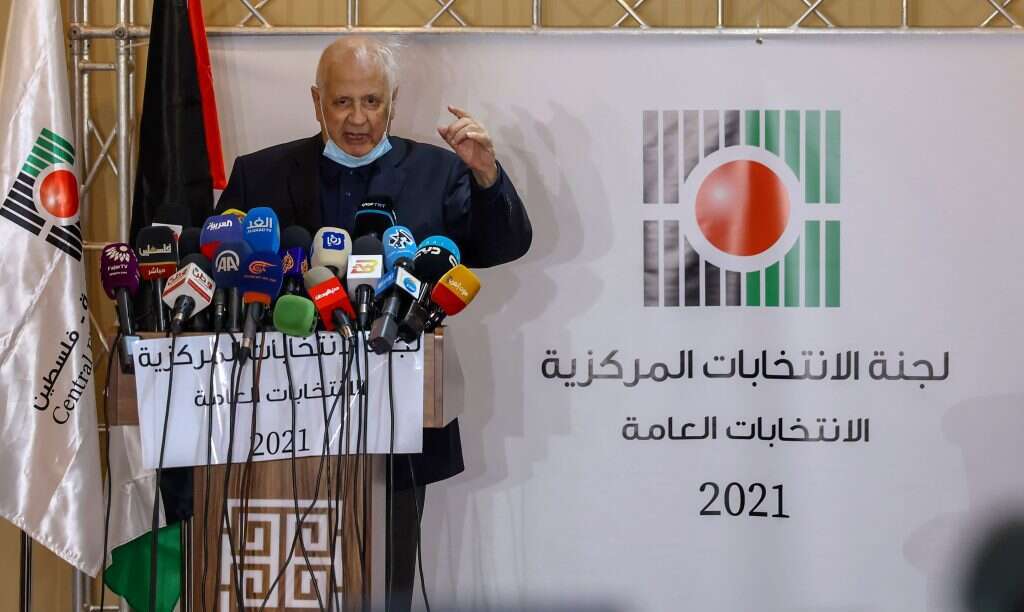 חנא נסיר, יו"ר ועדת הבחירות המרכזית הפלסטינית במסיבת עיתונאים. לפני כשבוע. | AFP