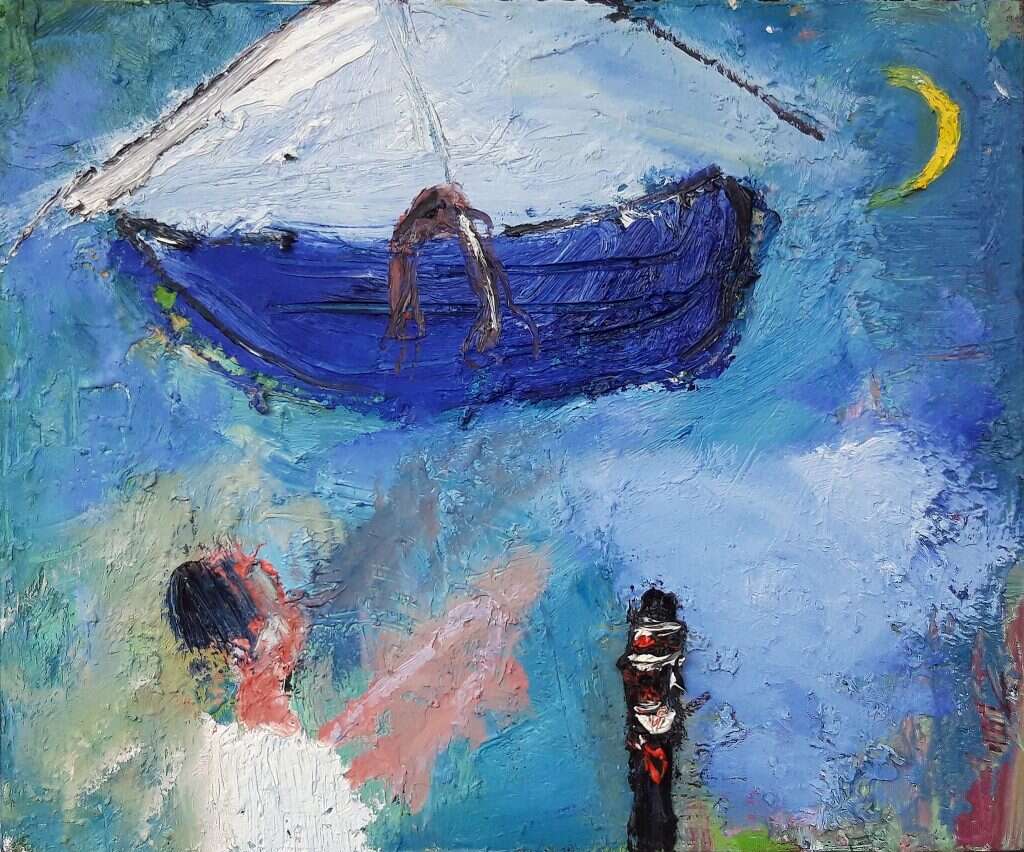 האר"י לקח את ויטאל לשייט בכנרת כטקס חניכה. מריק לכנר, ללא כותרת, שמן על קנבס, 2018. באדיבות גלריה גבעון