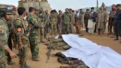 חיילי צבא אפגניסטן עומדים מעל גופות של לוחמי טאליבן. | AFP חיילי צבא אפגניסטן עומדים מעל גופות של לוחמי טאליבן. | AFP