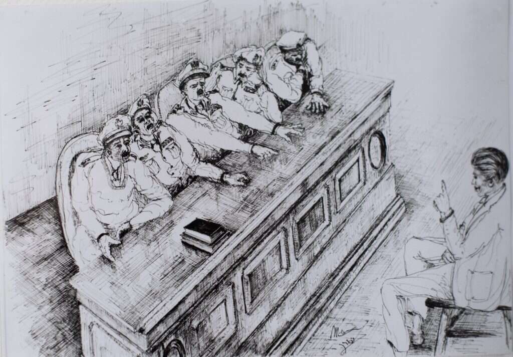 משה מרזוק עלה הראשון, ולקח על עצמו את כל מה שעשו גם אחרים". במשפטן. איור: מאיר זפרן