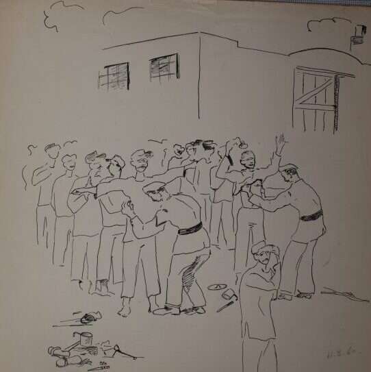 "היינו יוצאים למחצבה באזיקים". מהווי הכלא, באיור של דסה. איור: רוברט דסה