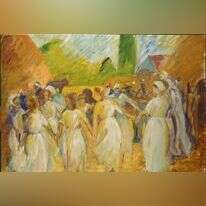 חגים כט"ו באב שבמהלך הדורות שקעו בתהום הנשייה. הדס שקדי, "מחולות", שמן על בד, 2015