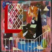 גיא אביטל, "גן", אקריליק וקולאז' על בד, 2017. | באדיבות גלריה שלוש