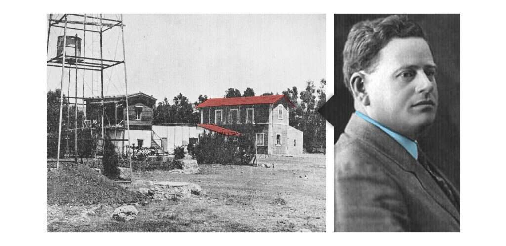 אהרון אהרונסון. משמאל: תחנת הניסיונות בעתלית אהרון אהרונסון. משמאל: תחנת הניסיונות בעתלית